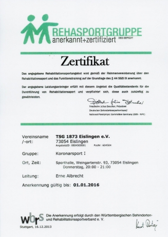 Zertifikate für Koronarsport der TSG